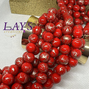 10mm Glass beads- red with metallic streaks