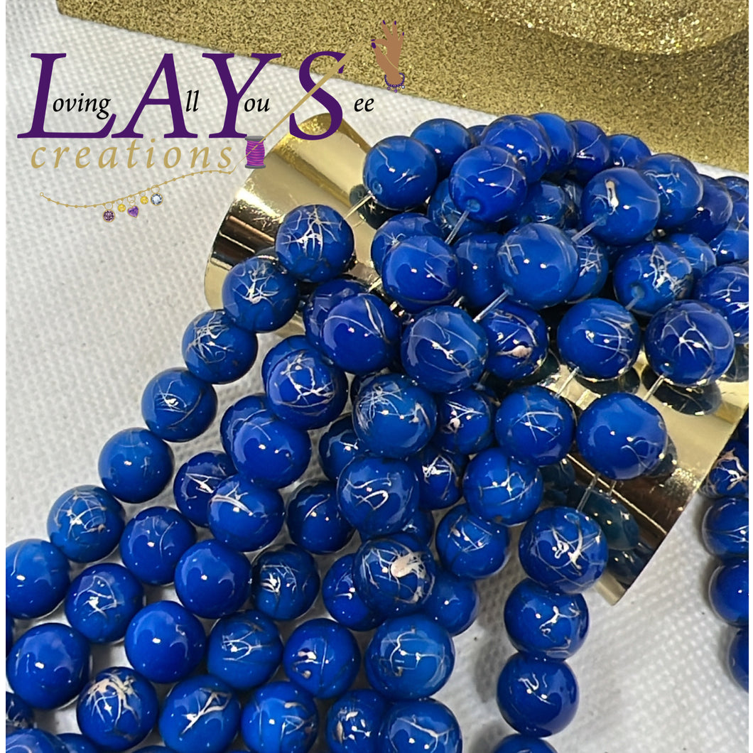 10mm Glass beads- blue with metallic streaks