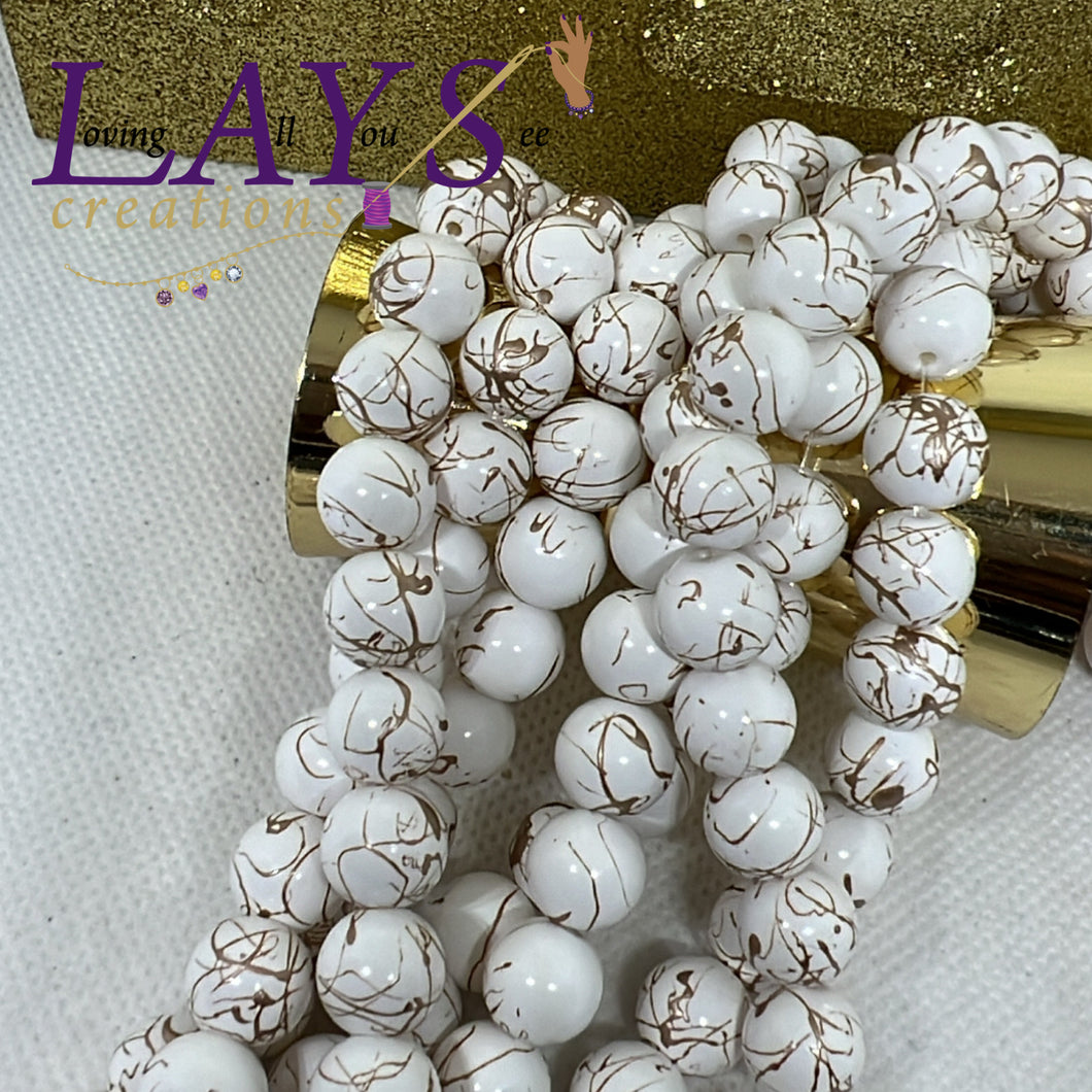 10mm Glass beads- White with metallic streaks