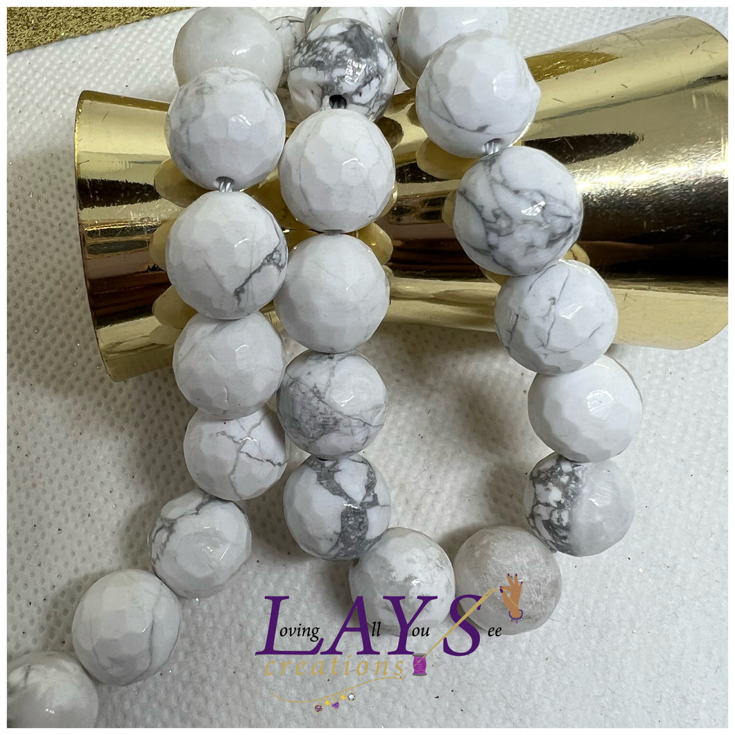 10mm Faceted shiny white silver Howlite bead strand