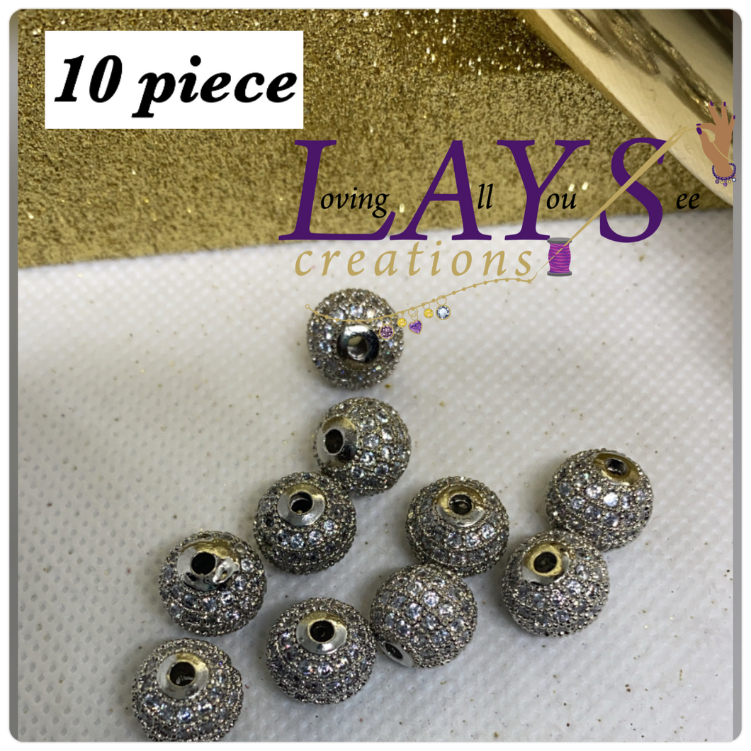 Cz Pave 10 piece  brass beads bundle- 10mm silver