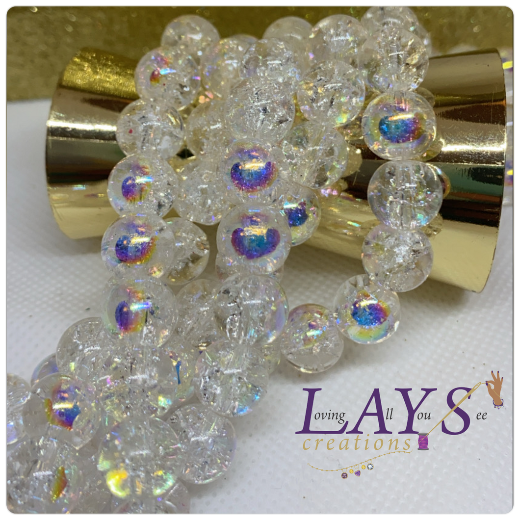 10mm Electroplated iridescent crackle clear glass beads