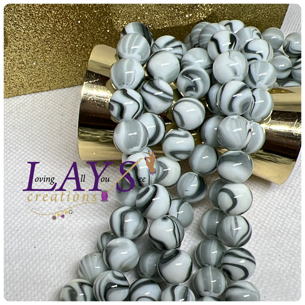 Black, grey, black shiny 10mm marble Glass beads