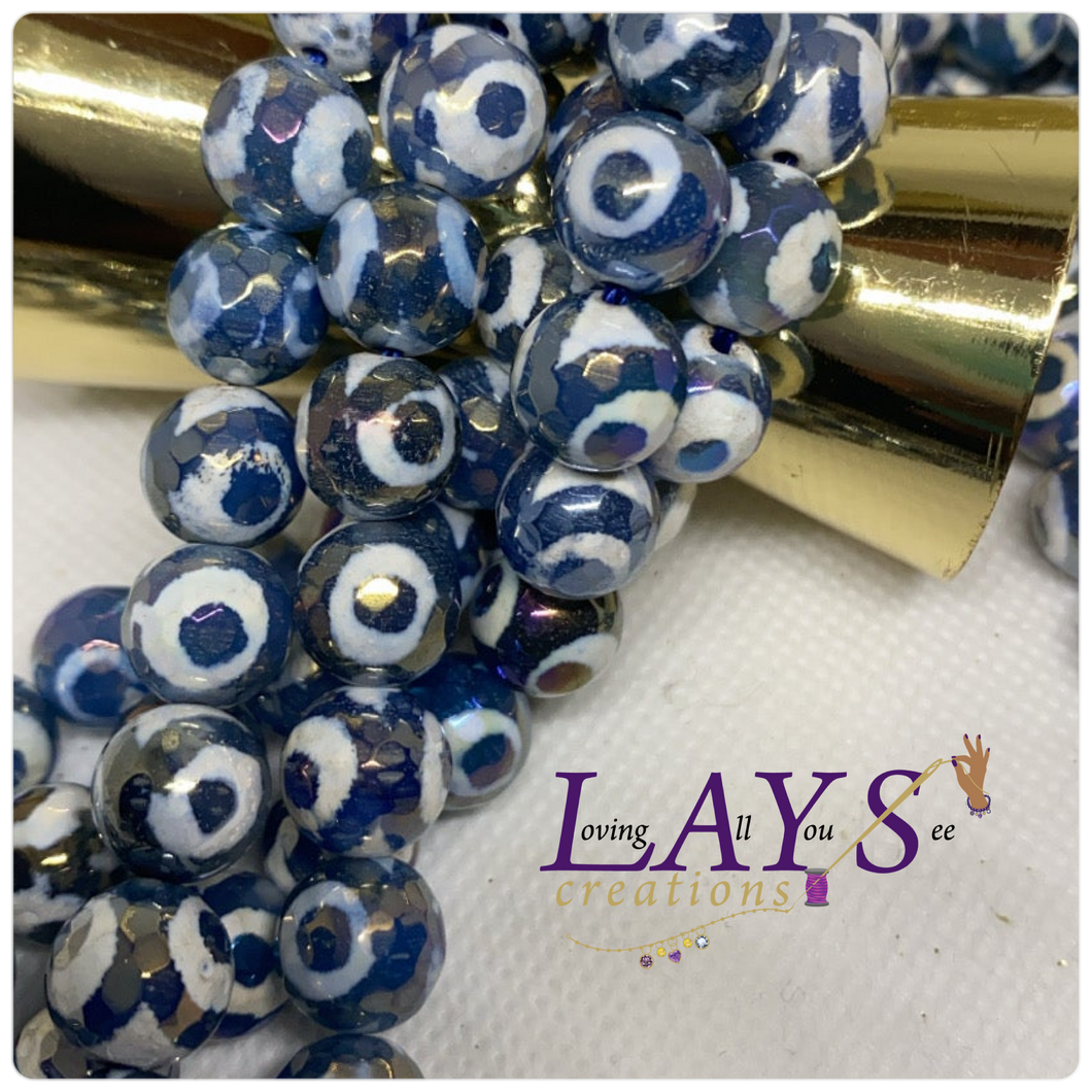 Faceted electroplated 10mm Tibetan blue with white circles