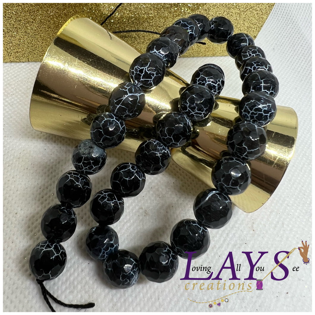 10mm black strikes faceted striped agate bead strands