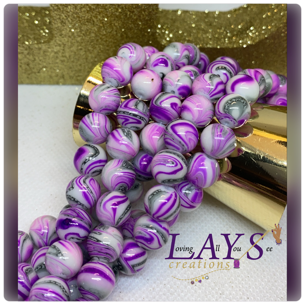 Purple and grey shiny 10mm marble Glass beads