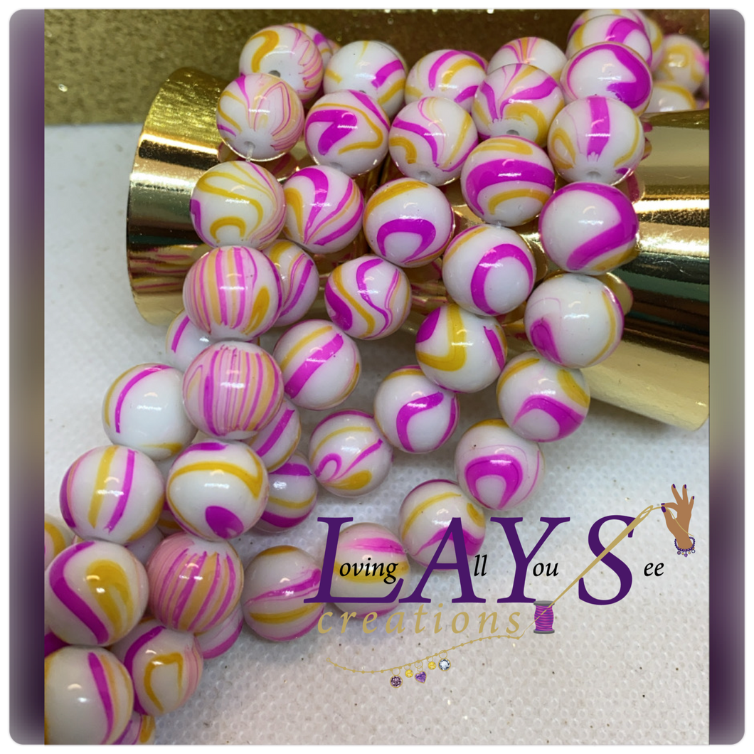 Yellow and pink shiny 10mm marble Glass beads