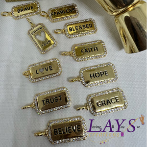 Rectangle Inspirational Micro Pave Tag Charms- Gold