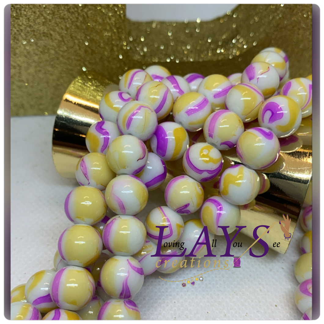 Yellow and purple shiny 10mm marble Glass beads