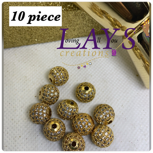 Cz Pave 10 piece brass beads bundle- 10mm gold