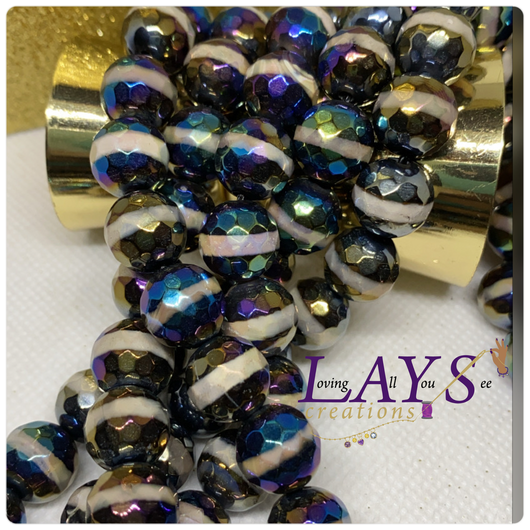 10mm Faceted electroplated mermaid stripe agate bead strand